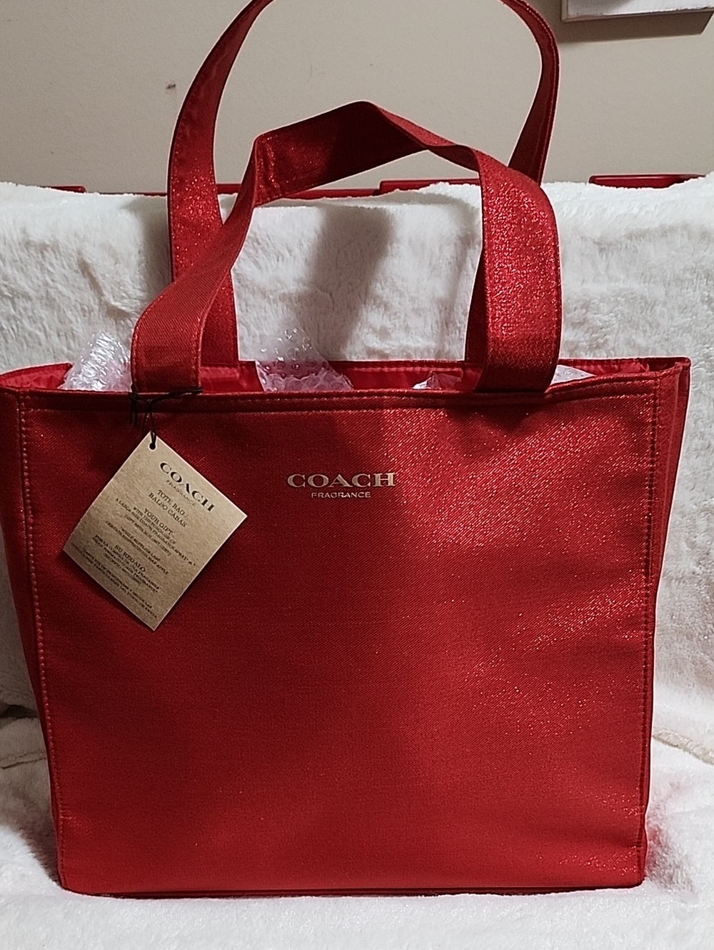 Coach Red Shimmery Fragrance Tote Bag with Logo